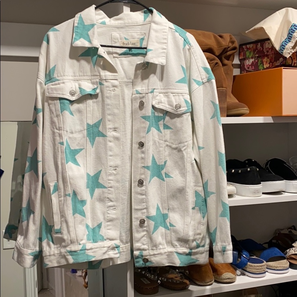 Oversized White Denim Jacket with Mint Stars